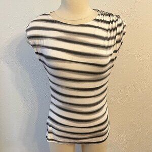 W by Worth Black & White Stripe Short Sleeve Rouched Shoulder Top Small